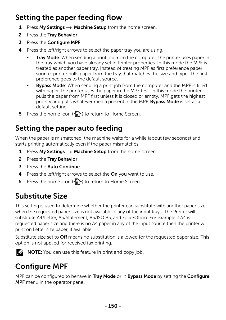 Setting the paper feeding flow, Setting the paper auto feeding, Substitute size | Configure mpf | Dell B2375dfw Mono Multifunction Printer User Manual | Page 151 / 359