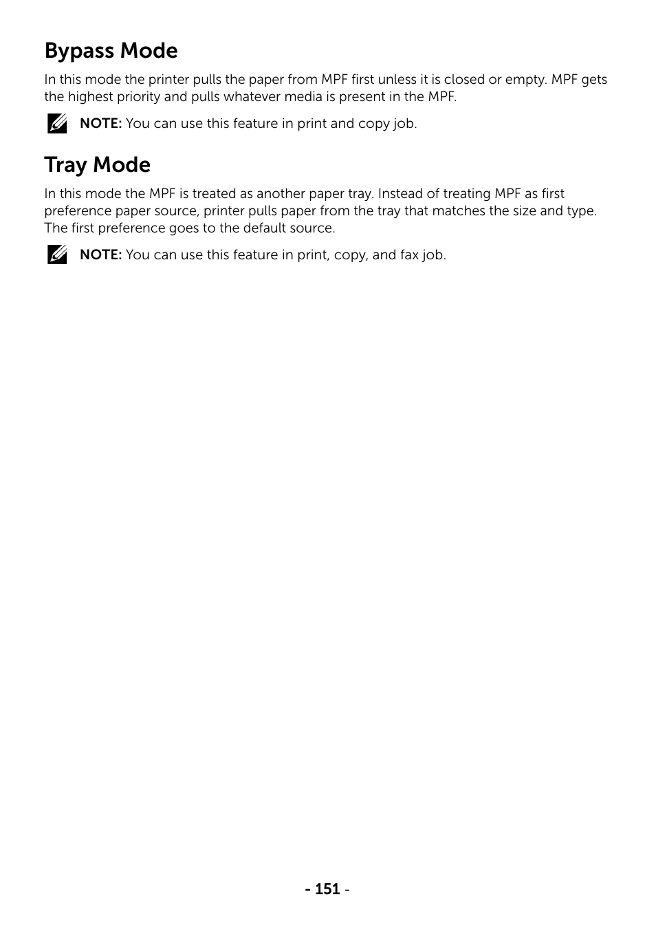 Bypass mode, Tray mode | Dell B2375dfw Mono Multifunction Printer User Manual | Page 152 / 359