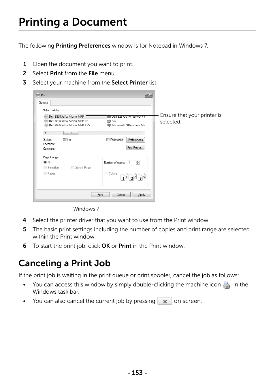 Printing a document, Canceling a print job | Dell B2375dfw Mono Multifunction Printer User Manual | Page 154 / 359