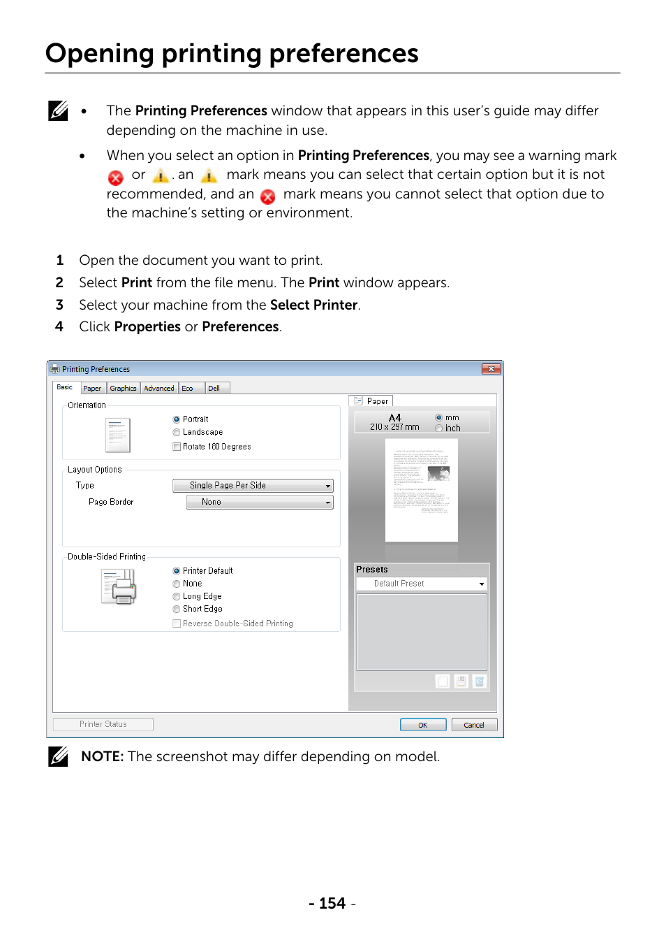 Opening printing preferences | Dell B2375dfw Mono Multifunction Printer User Manual | Page 155 / 359