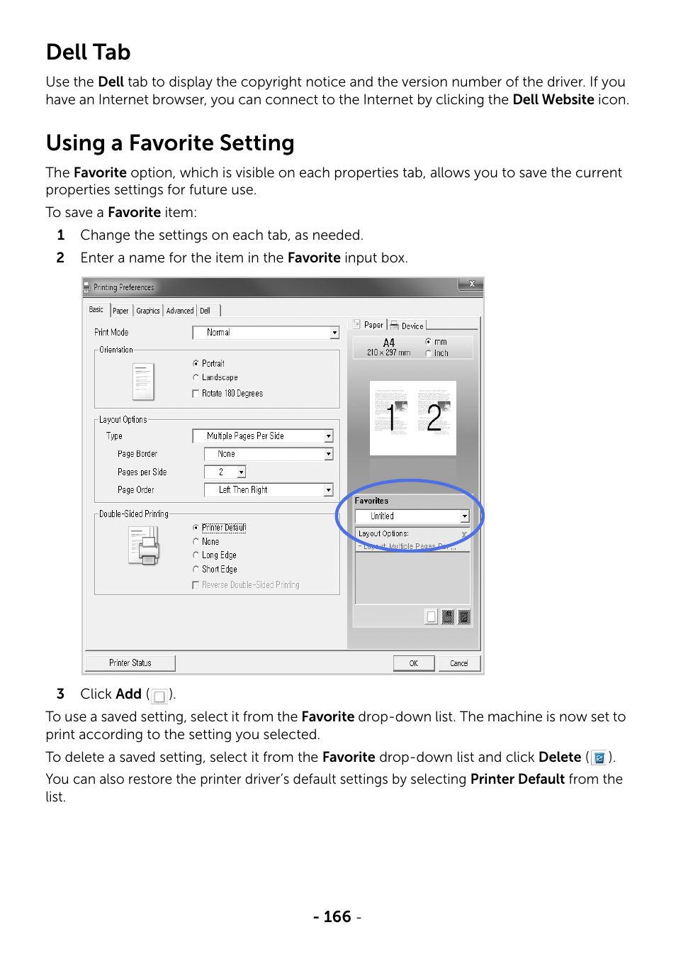 Dell tab, Using a favorite setting, Dell | Using a f | Dell B2375dfw Mono Multifunction Printer User Manual | Page 167 / 359