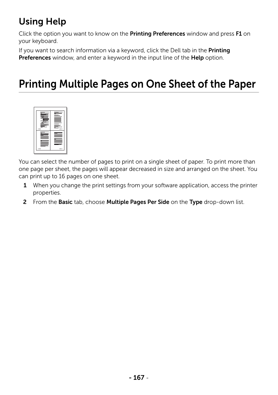 Using help, Printing multiple pages on one sheet of the paper | Dell B2375dfw Mono Multifunction Printer User Manual | Page 168 / 359