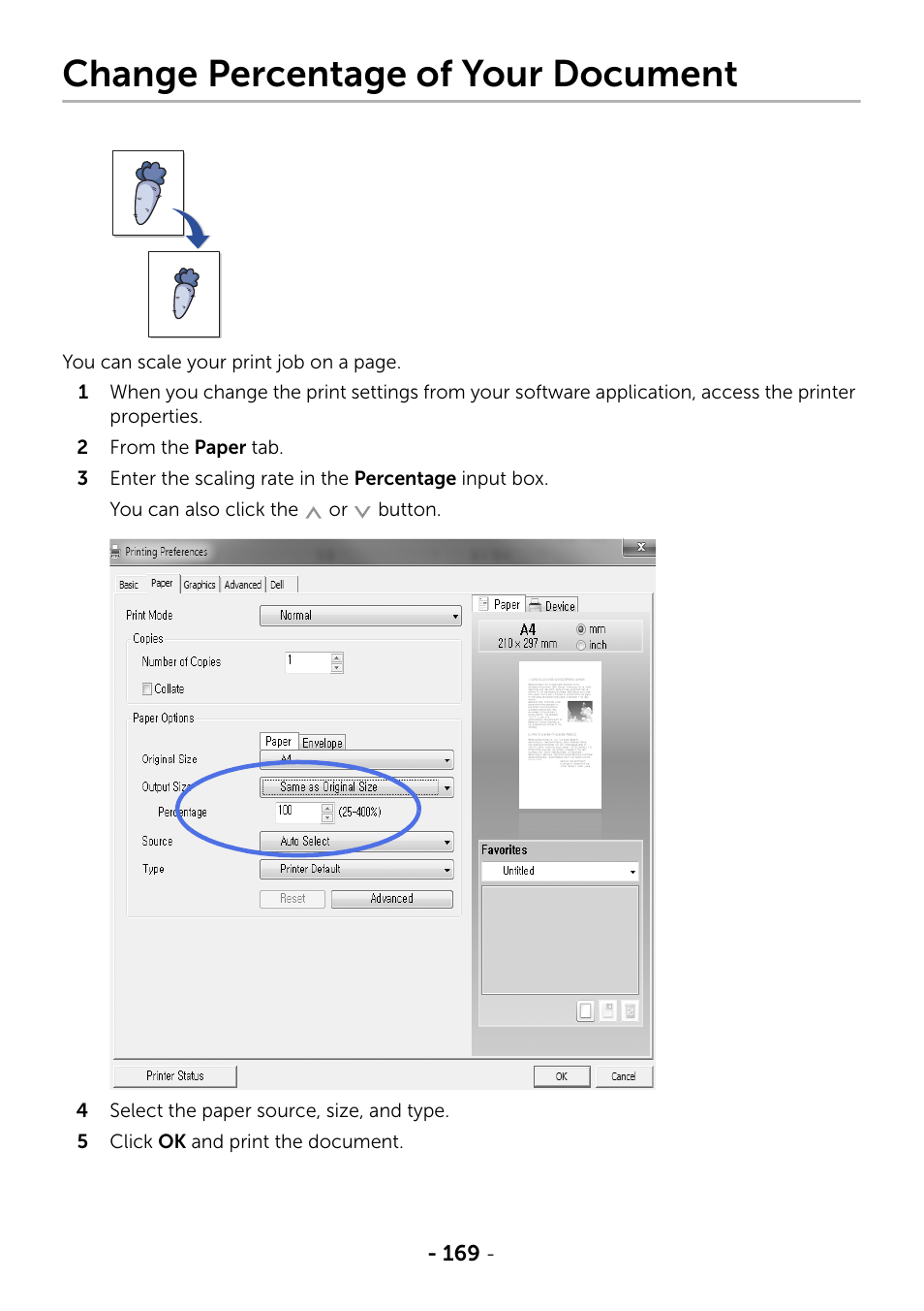 Change percentage of your document | Dell B2375dfw Mono Multifunction Printer User Manual | Page 170 / 359