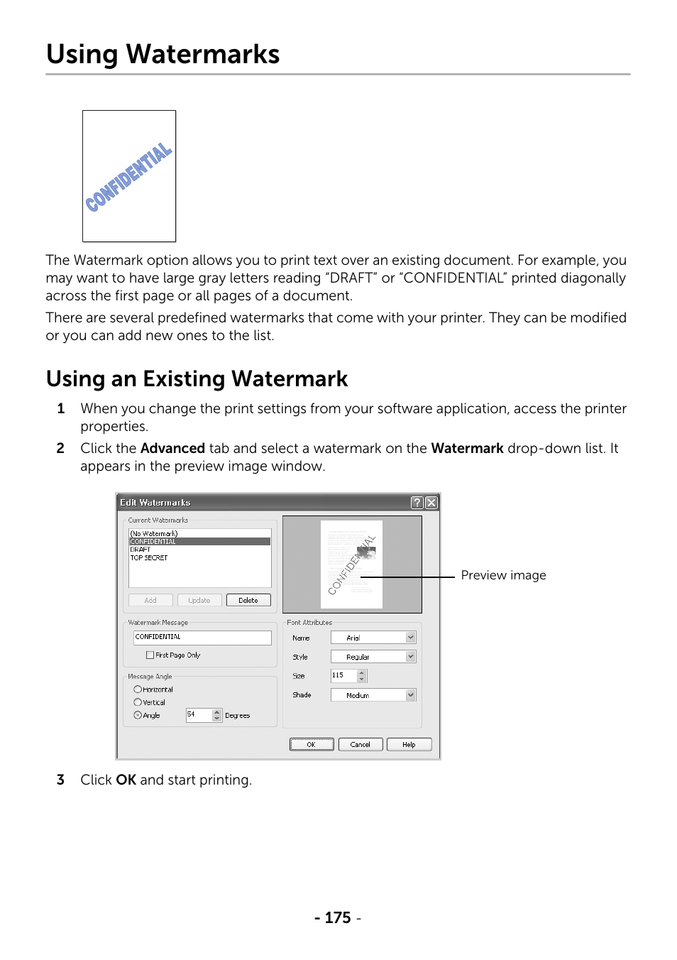 Using watermarks, Using an existing watermark | Dell B2375dfw Mono Multifunction Printer User Manual | Page 176 / 359