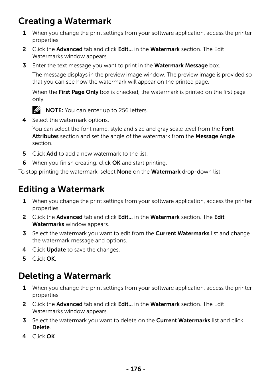 Creating a watermark, Editing a watermark, Deleting a watermark | Dell B2375dfw Mono Multifunction Printer User Manual | Page 177 / 359