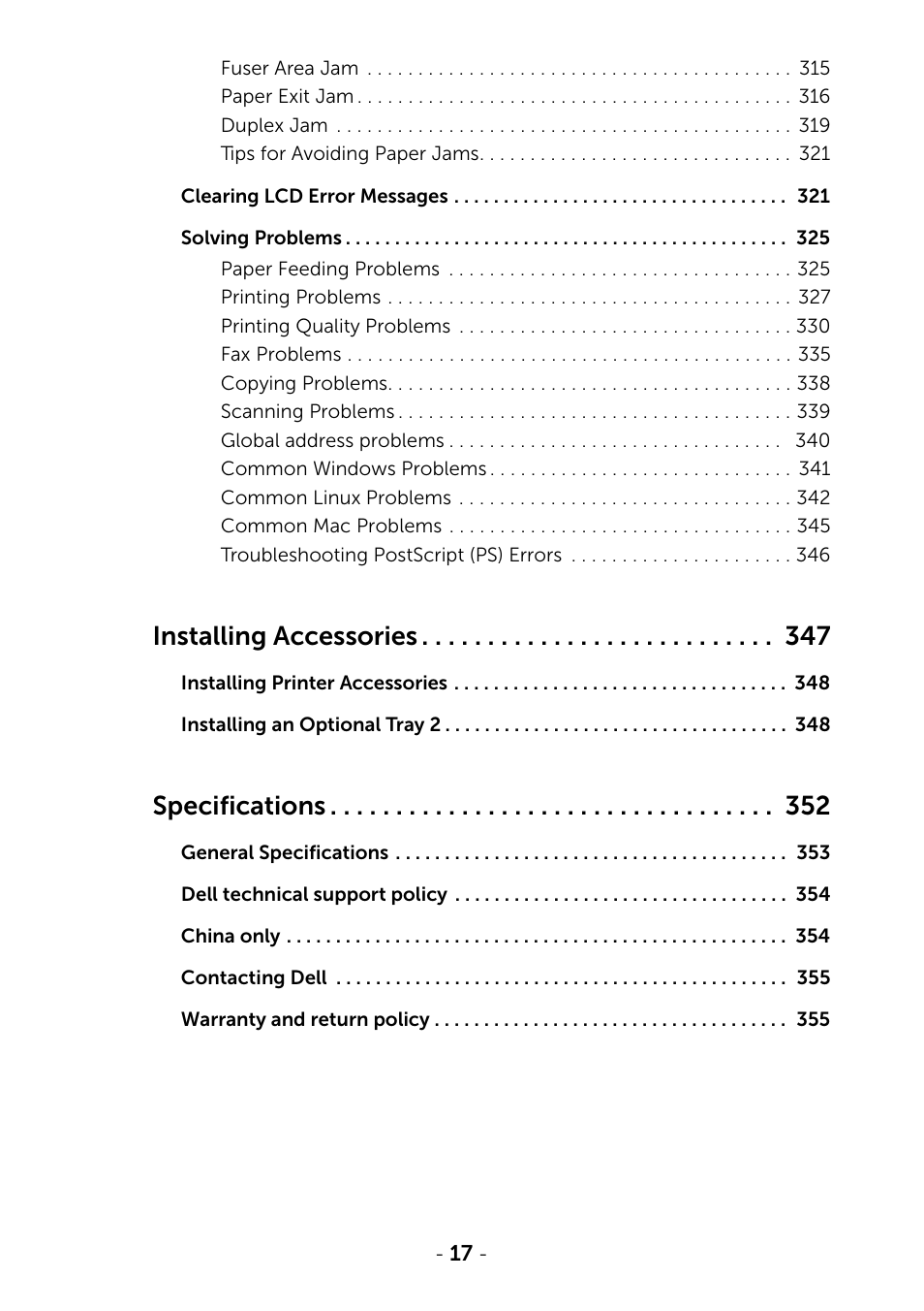 Installing accessories, Specifications | Dell B2375dfw Mono Multifunction Printer User Manual | Page 18 / 359