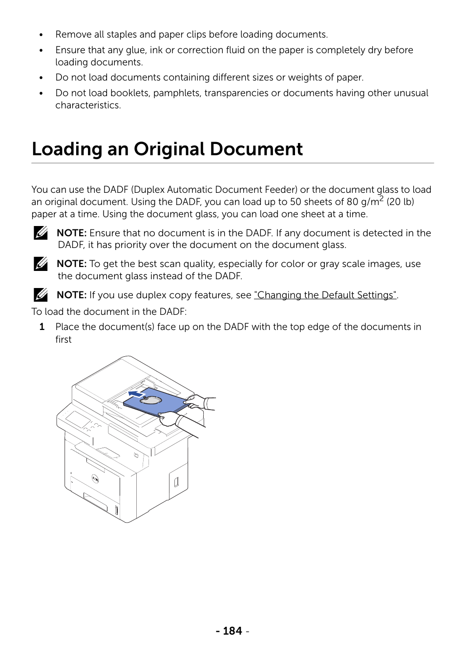 Loading an original document | Dell B2375dfw Mono Multifunction Printer User Manual | Page 185 / 359