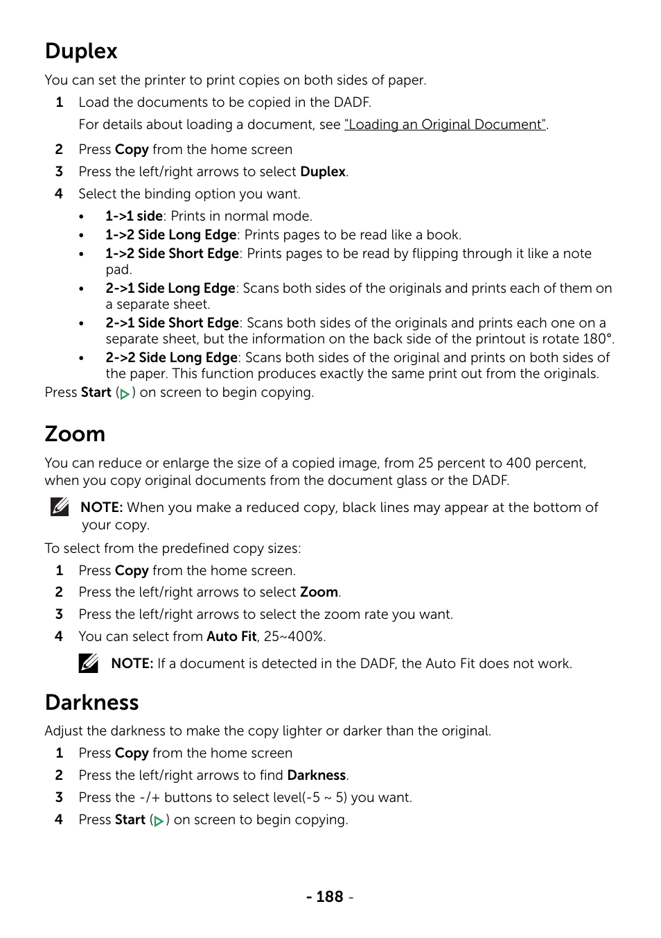 Duplex, Zoom, Darkness | Dell B2375dfw Mono Multifunction Printer User Manual | Page 189 / 359