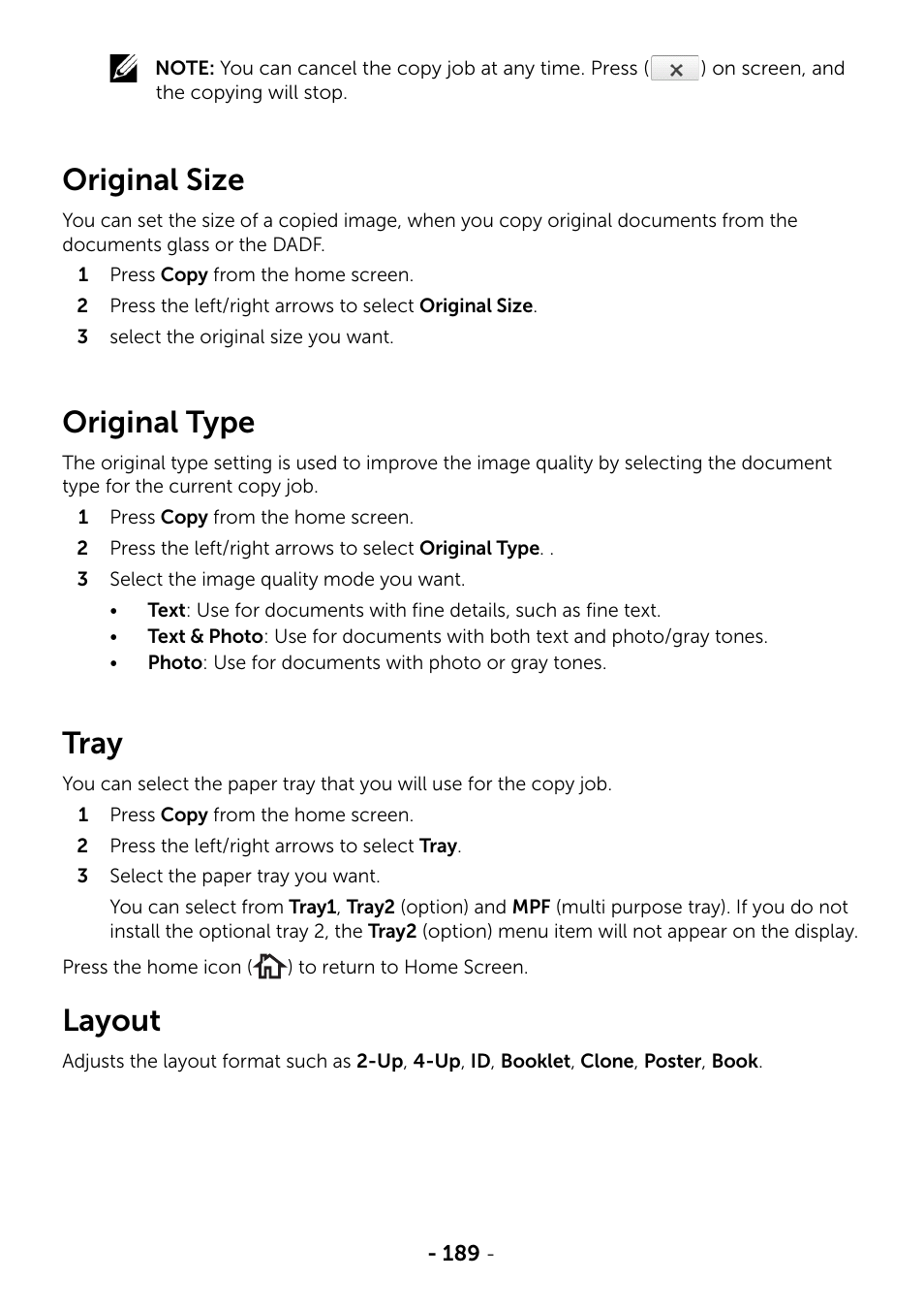 Original size, Original type, Tray | Layout | Dell B2375dfw Mono Multifunction Printer User Manual | Page 190 / 359