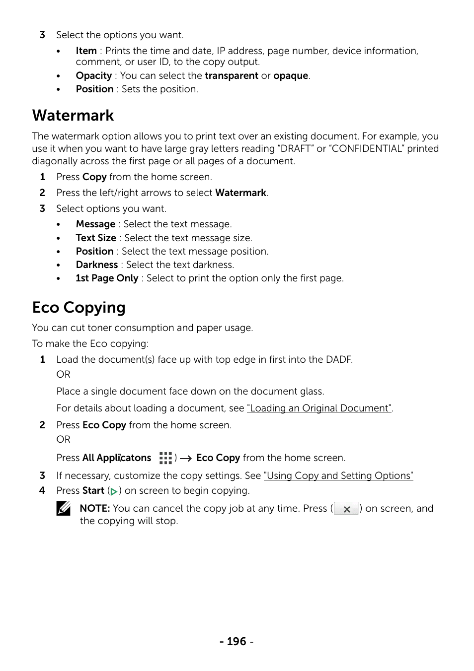 Watermark, Eco copying | Dell B2375dfw Mono Multifunction Printer User Manual | Page 197 / 359