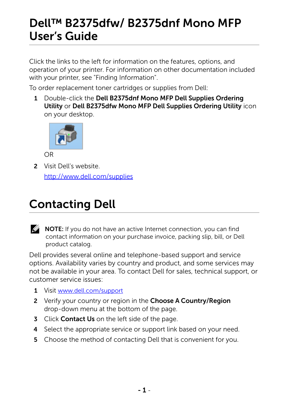 Dell™ b2375dfw/ b2375dnf mono mfp user’s guide, Contacting dell | Dell B2375dfw Mono Multifunction Printer User Manual | Page 2 / 359