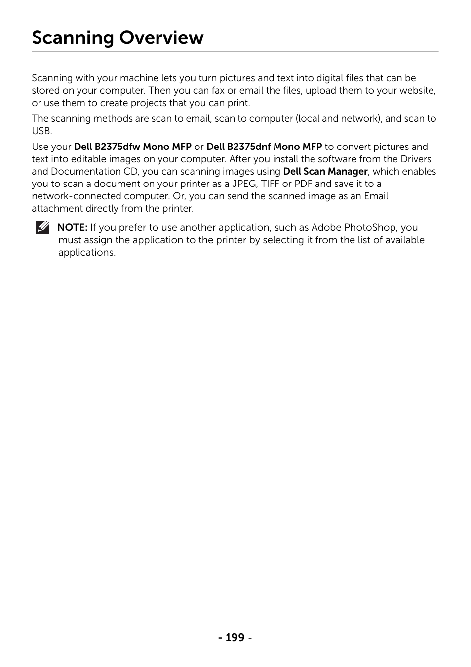 Scanning overview | Dell B2375dfw Mono Multifunction Printer User Manual | Page 200 / 359