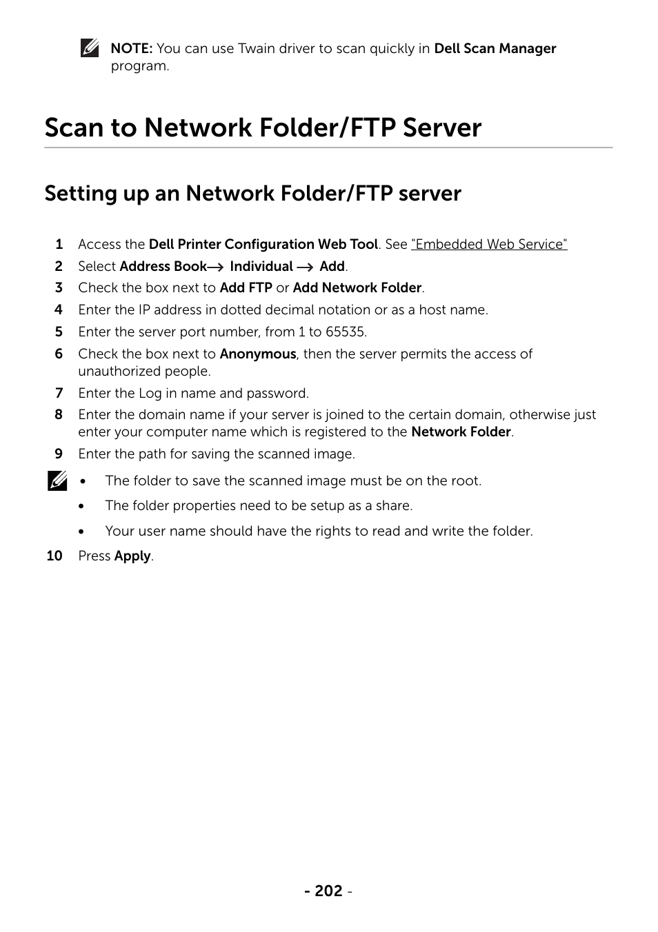 Scan to network folder/ftp server, Setting up an network folder/ftp server, Setting up an network | Folder/ftp server | Dell B2375dfw Mono Multifunction Printer User Manual | Page 203 / 359