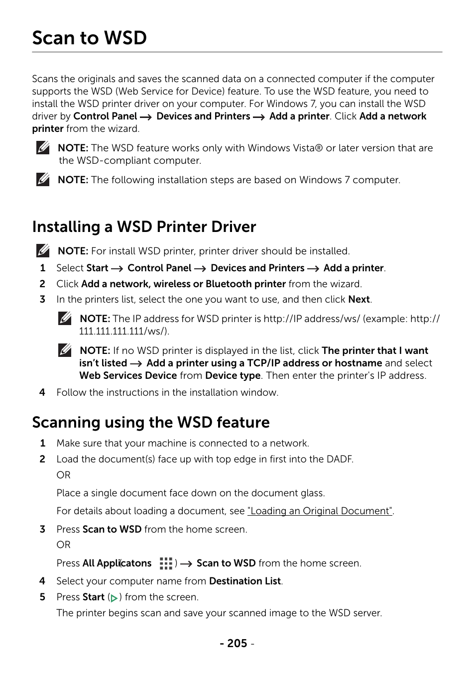 Scan to wsd, Installing a wsd printer driver, Scanning using the wsd feature | E "scan to wsd | Dell B2375dfw Mono Multifunction Printer User Manual | Page 206 / 359