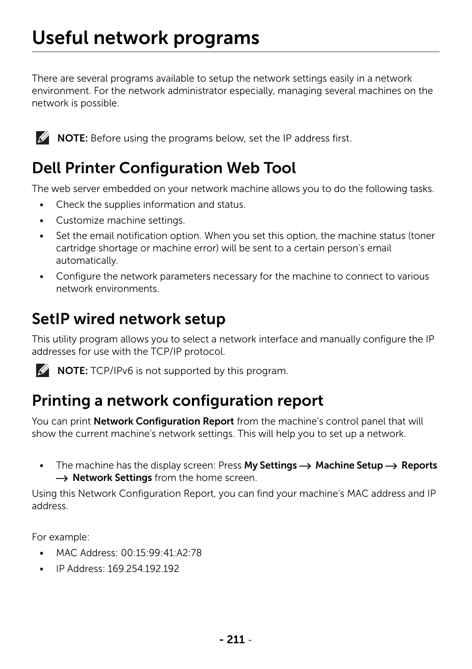 Useful network programs, Dell printer configuration web tool, Setip wired network setup | Printing a network configuration report | Dell B2375dfw Mono Multifunction Printer User Manual | Page 212 / 359