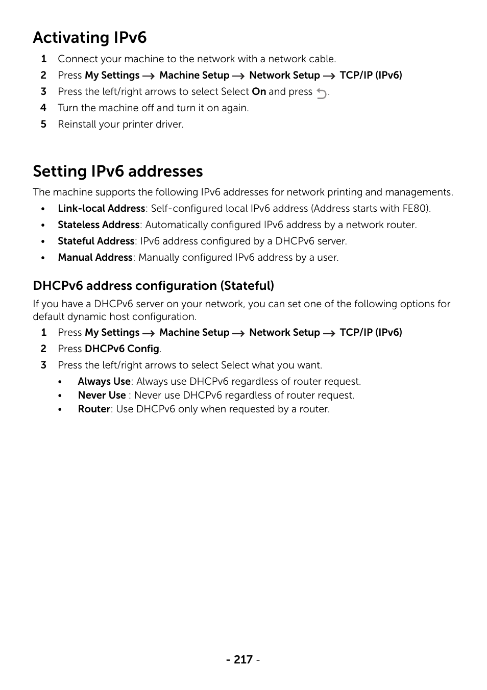 Activating ipv6, Setting ipv6 addresses | Dell B2375dfw Mono Multifunction Printer User Manual | Page 218 / 359