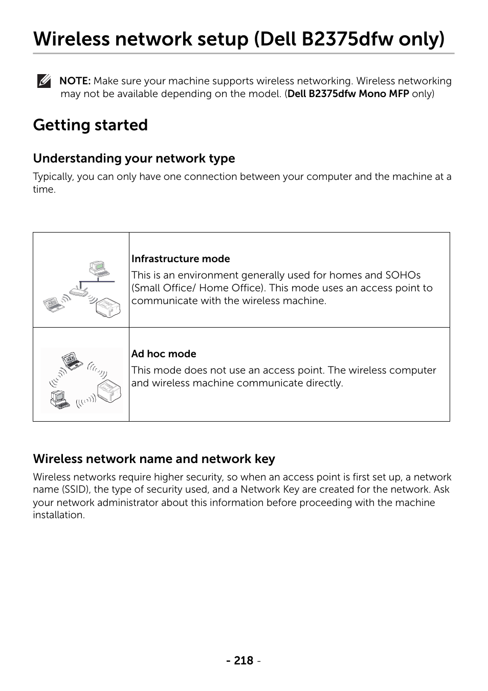 Wireless network setup (dell b2375dfw only), Getting started | Dell B2375dfw Mono Multifunction Printer User Manual | Page 219 / 359