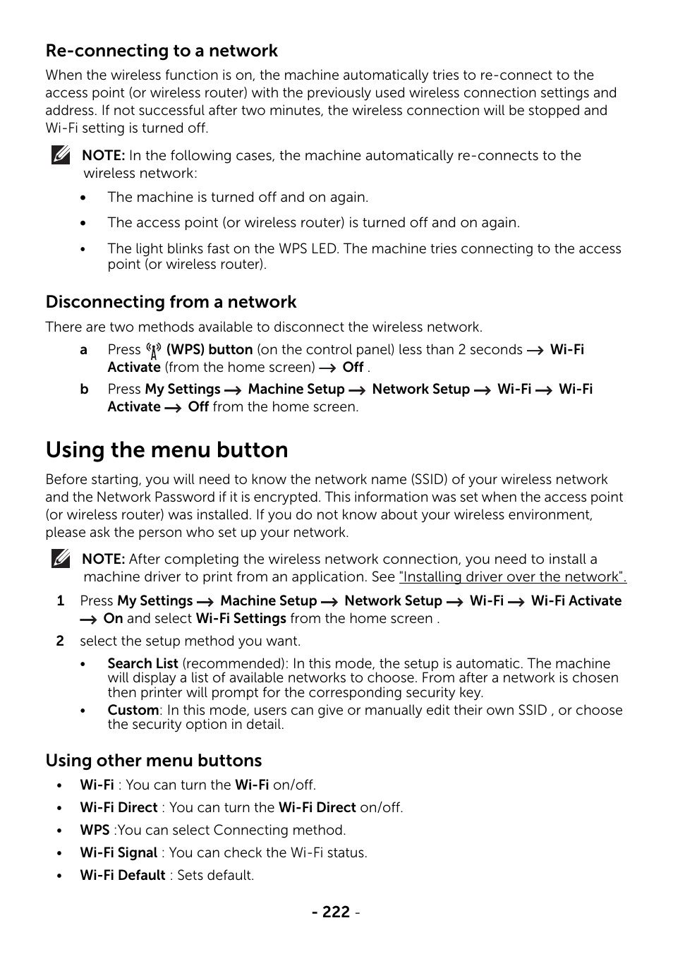 Using the menu button, Re-connecting to a network, Disconnecting from a network | Using other menu buttons | Dell B2375dfw Mono Multifunction Printer User Manual | Page 223 / 359