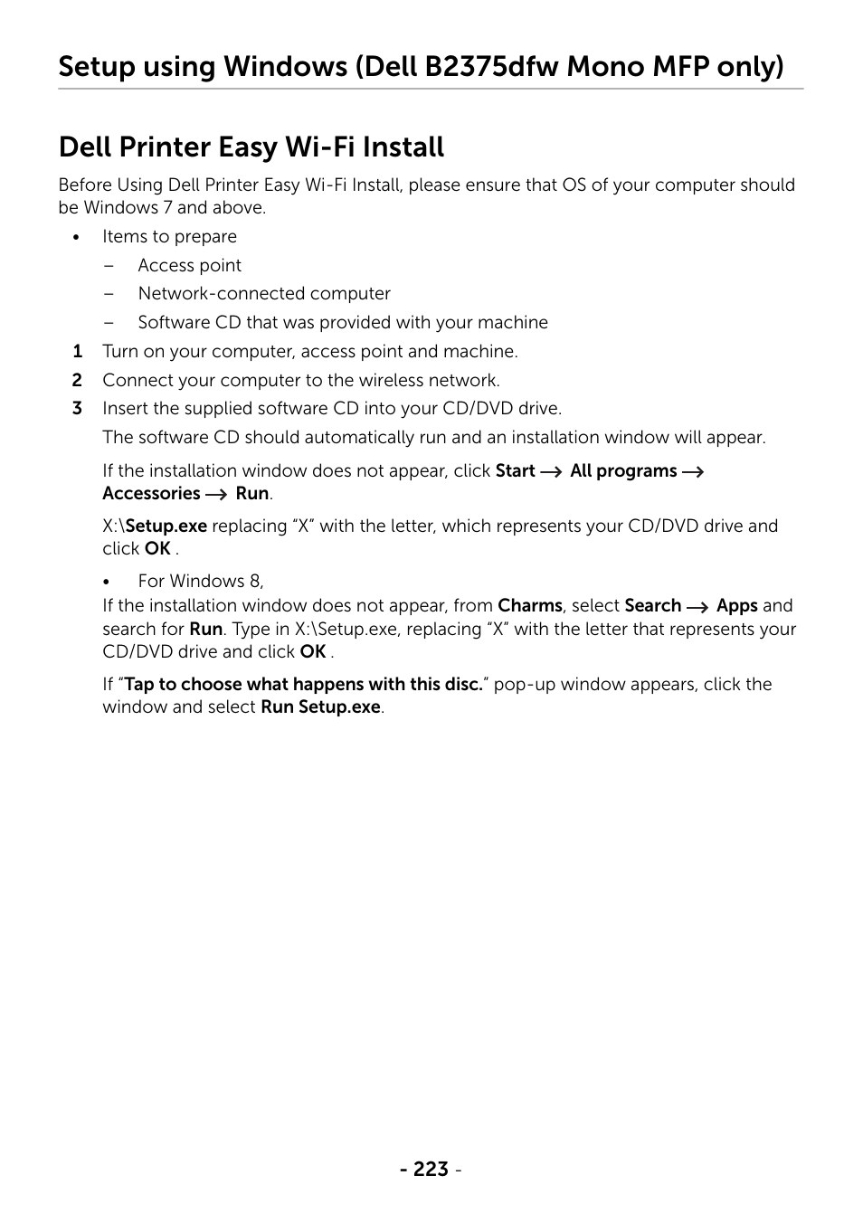 Setup using windows (dell b2375dfw mono mfp only), Dell printer easy wi-fi install | Dell B2375dfw Mono Multifunction Printer User Manual | Page 224 / 359