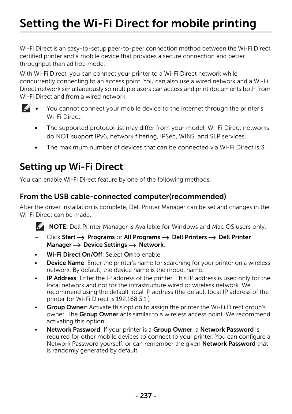 Setting the wi-fi direct for mobile printing, Setting up wi-fi direct | Dell B2375dfw Mono Multifunction Printer User Manual | Page 238 / 359