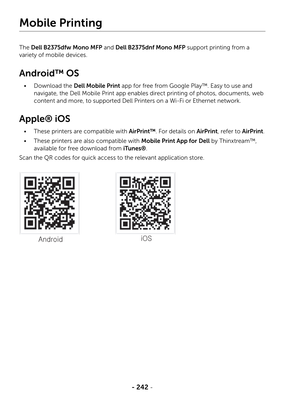 Mobile printing, Android™ os, Apple® ios | Dell B2375dfw Mono Multifunction Printer User Manual | Page 243 / 359