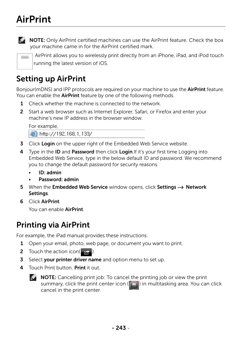 Airprint, Setting up airprint, Printing via airprint | Dell B2375dfw Mono Multifunction Printer User Manual | Page 244 / 359