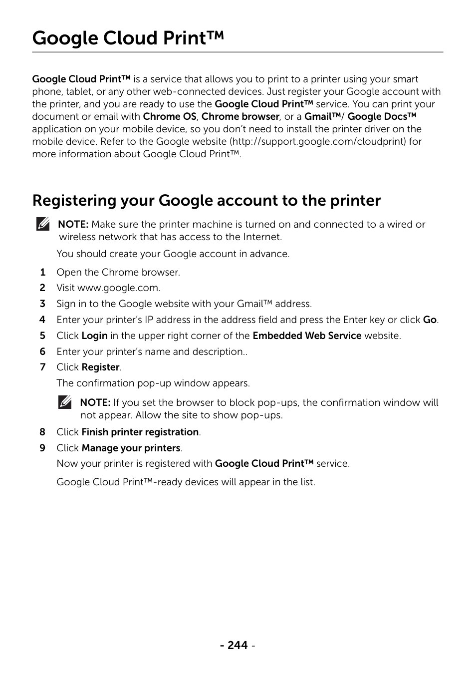 Google cloud print, Registering your google account to the printer | Dell B2375dfw Mono Multifunction Printer User Manual | Page 245 / 359