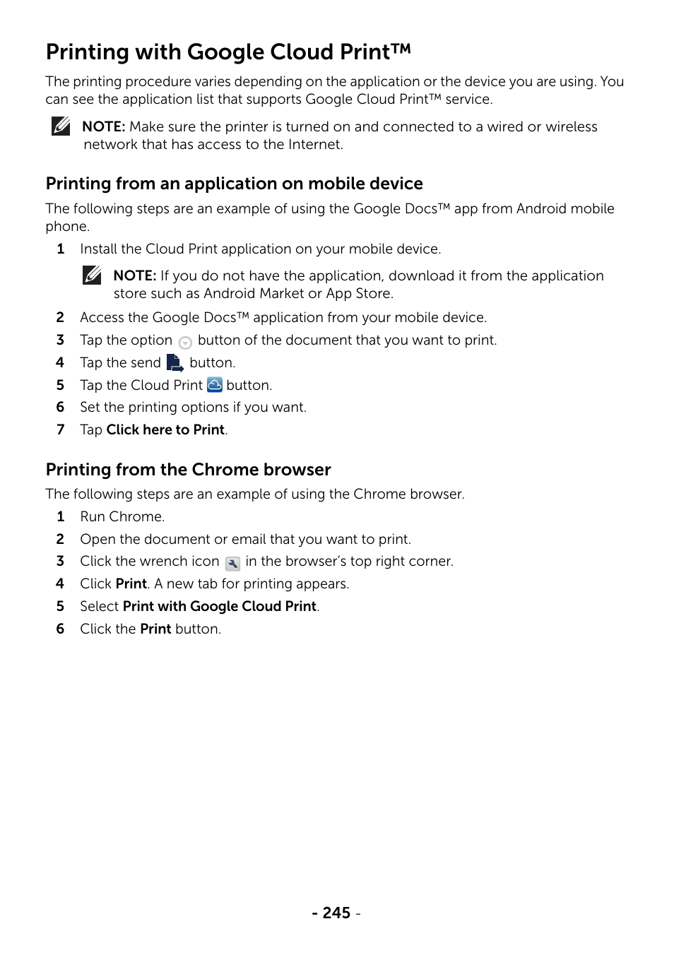 Printing with google cloud print | Dell B2375dfw Mono Multifunction Printer User Manual | Page 246 / 359