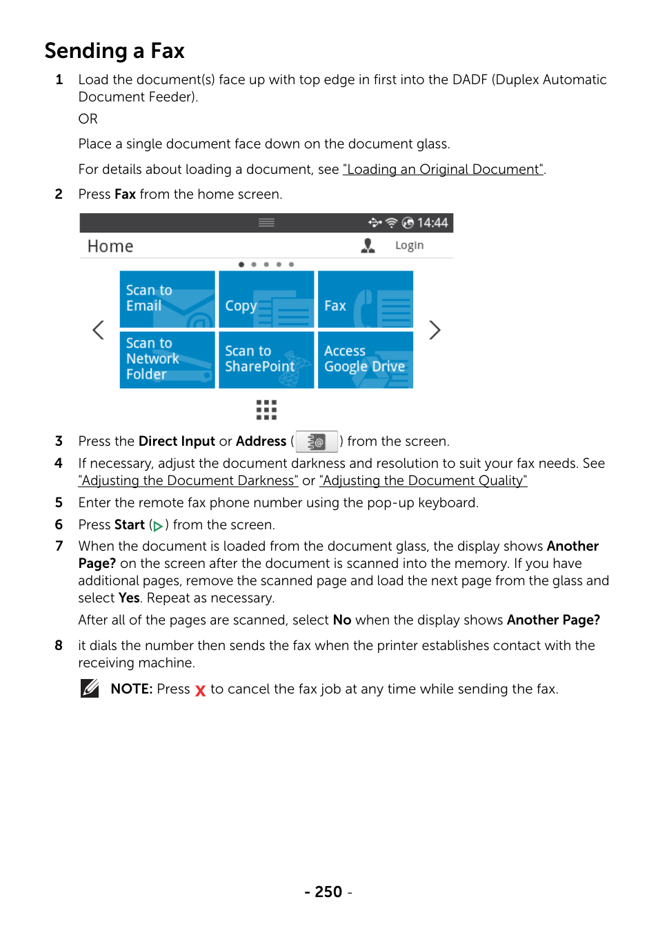 Sending a fax | Dell B2375dfw Mono Multifunction Printer User Manual | Page 251 / 359