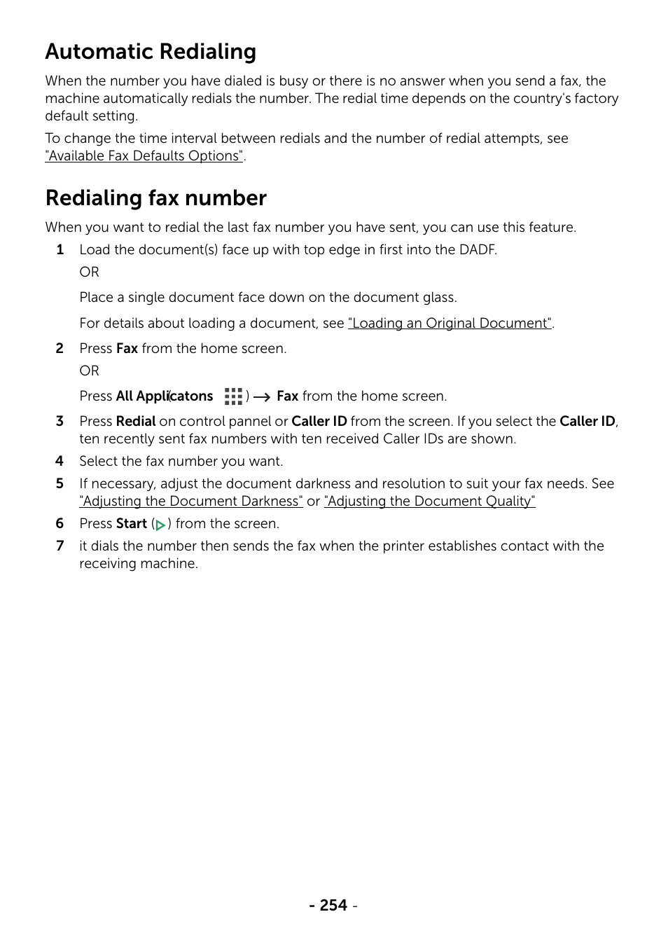 Automatic redialing, Redialing fax number | Dell B2375dfw Mono Multifunction Printer User Manual | Page 255 / 359