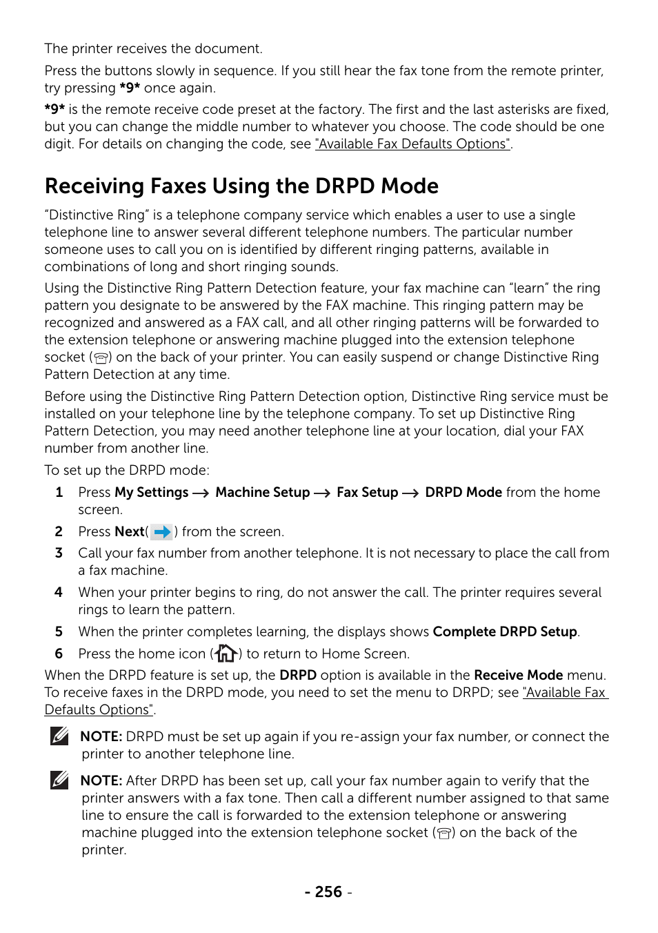 Receiving faxes using the drpd mode | Dell B2375dfw Mono Multifunction Printer User Manual | Page 257 / 359