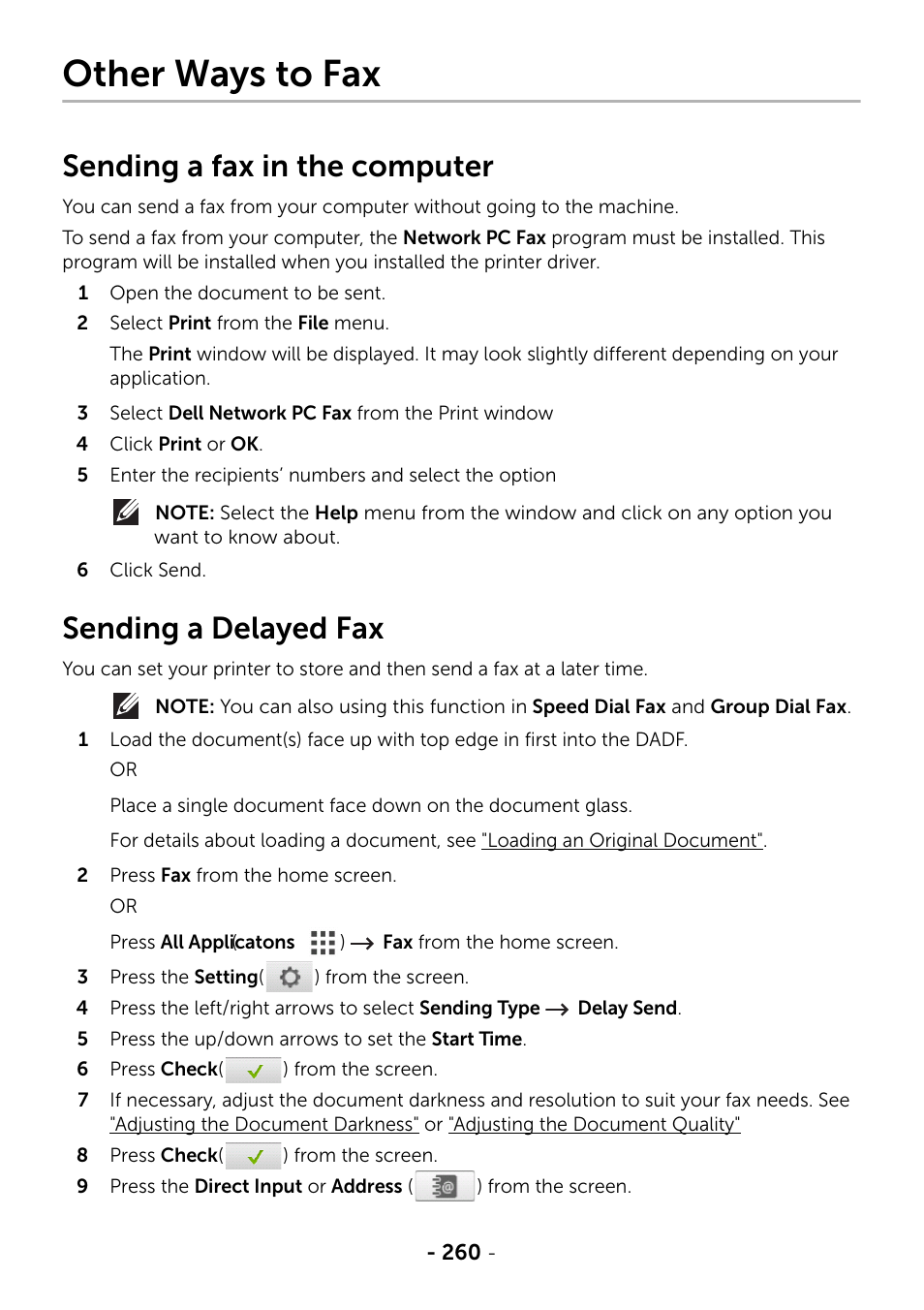 Other ways to fax, Sending a fax in the computer, Sending a delayed fax | Dell B2375dfw Mono Multifunction Printer User Manual | Page 261 / 359