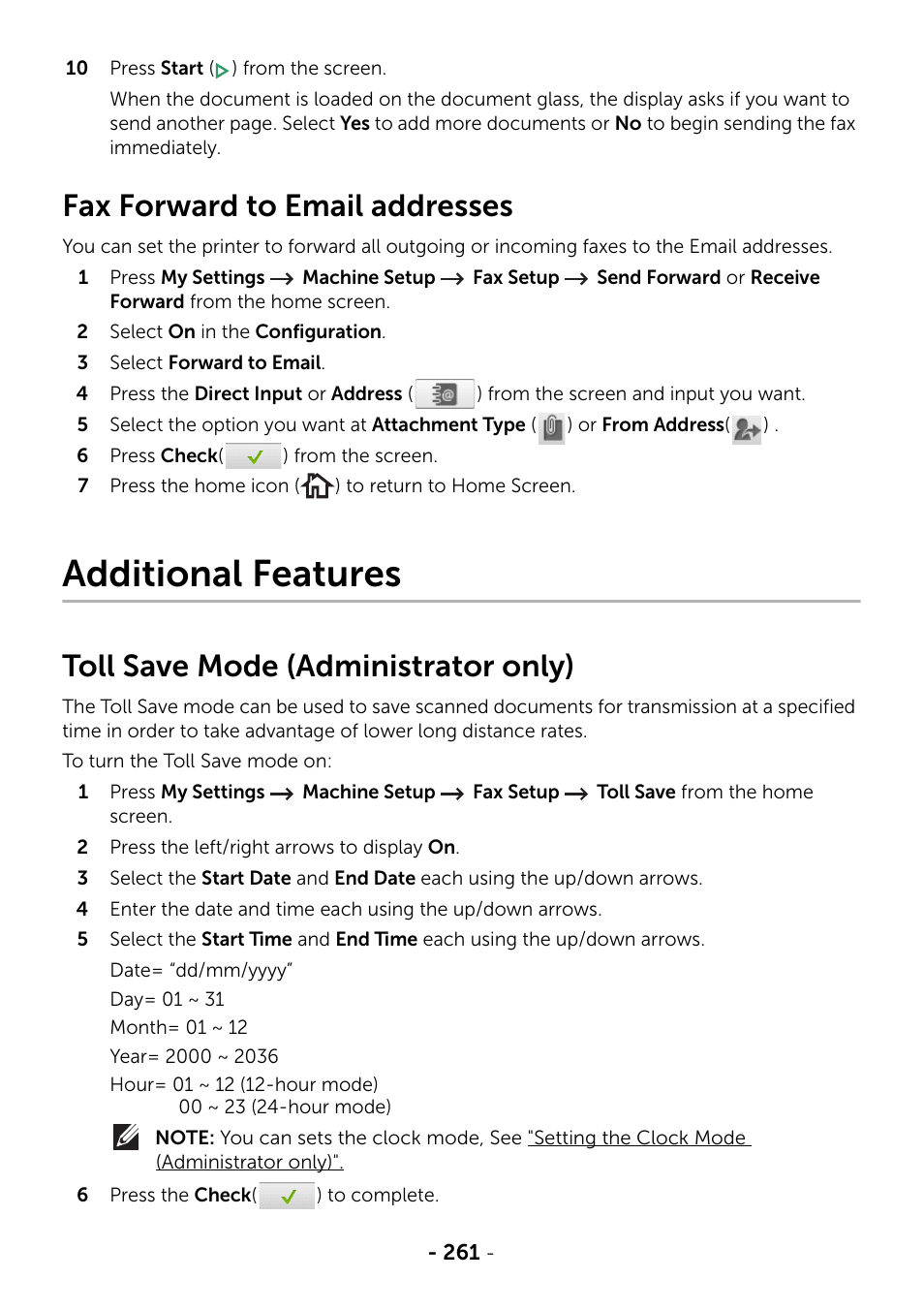 Fax forward to email addresses, Additional features, Toll save mode (administrator only) | Dell B2375dfw Mono Multifunction Printer User Manual | Page 262 / 359