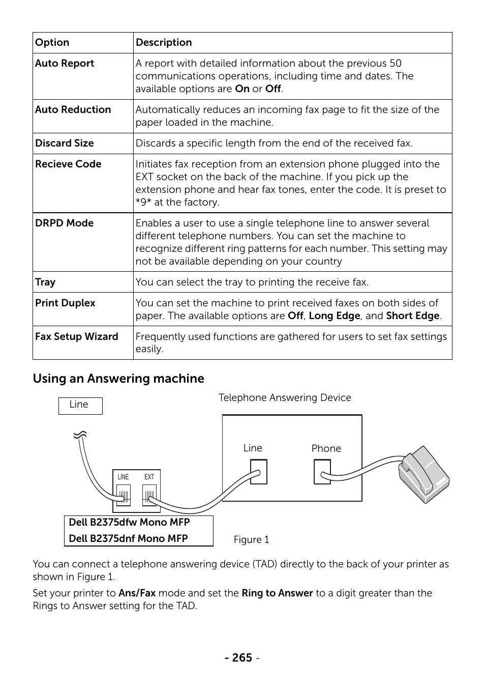 Greater than the "using an answering, Machine, Ion, see "using an answering machine" or | Using an answering machine | Dell B2375dfw Mono Multifunction Printer User Manual | Page 266 / 359