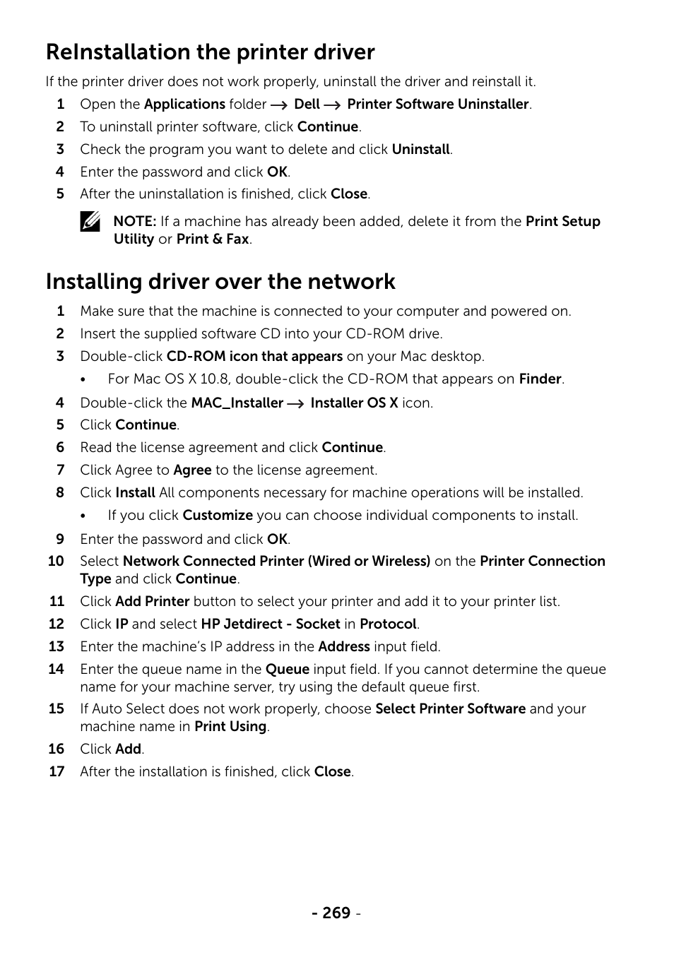 Reinstallation the printer driver, Installing driver over the network | Dell B2375dfw Mono Multifunction Printer User Manual | Page 270 / 359