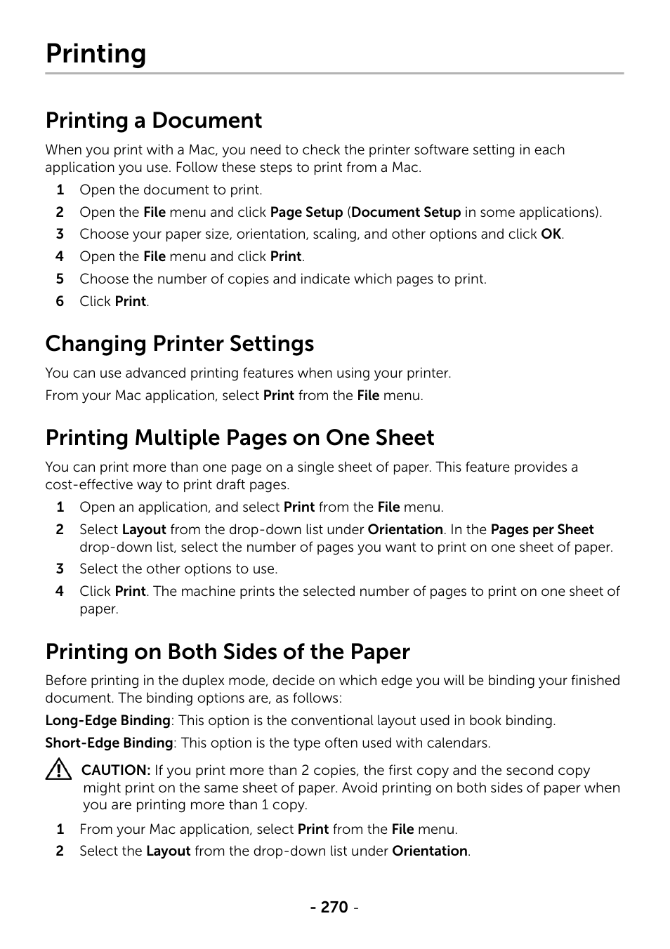 Printing, Printing a document, Changing printer settings | Printing on both sides of the paper, Printing multiple pages on one sheet | Dell B2375dfw Mono Multifunction Printer User Manual | Page 271 / 359