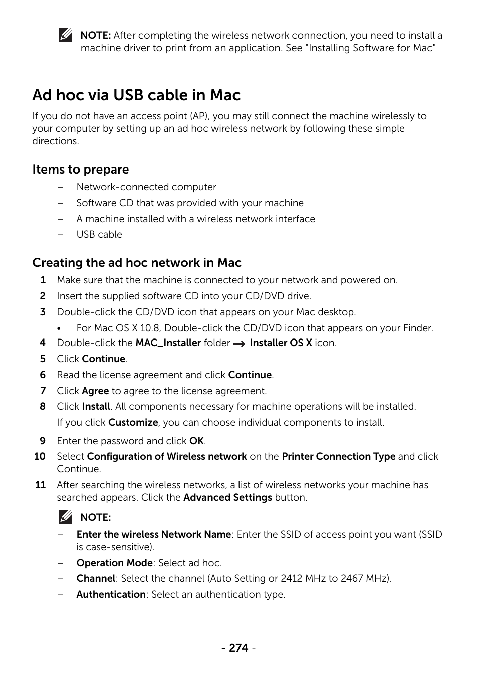 Ad hoc via usb cable in mac, See "ad hoc via usb cable in mac, Items to prepare | Creating the ad hoc network in mac | Dell B2375dfw Mono Multifunction Printer User Manual | Page 275 / 359
