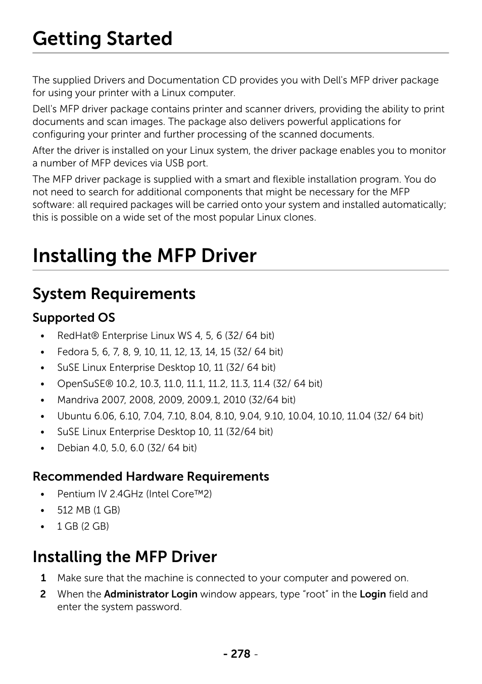 Getting started, Installing the mfp driver, System requirements | Dell B2375dfw Mono Multifunction Printer User Manual | Page 279 / 359