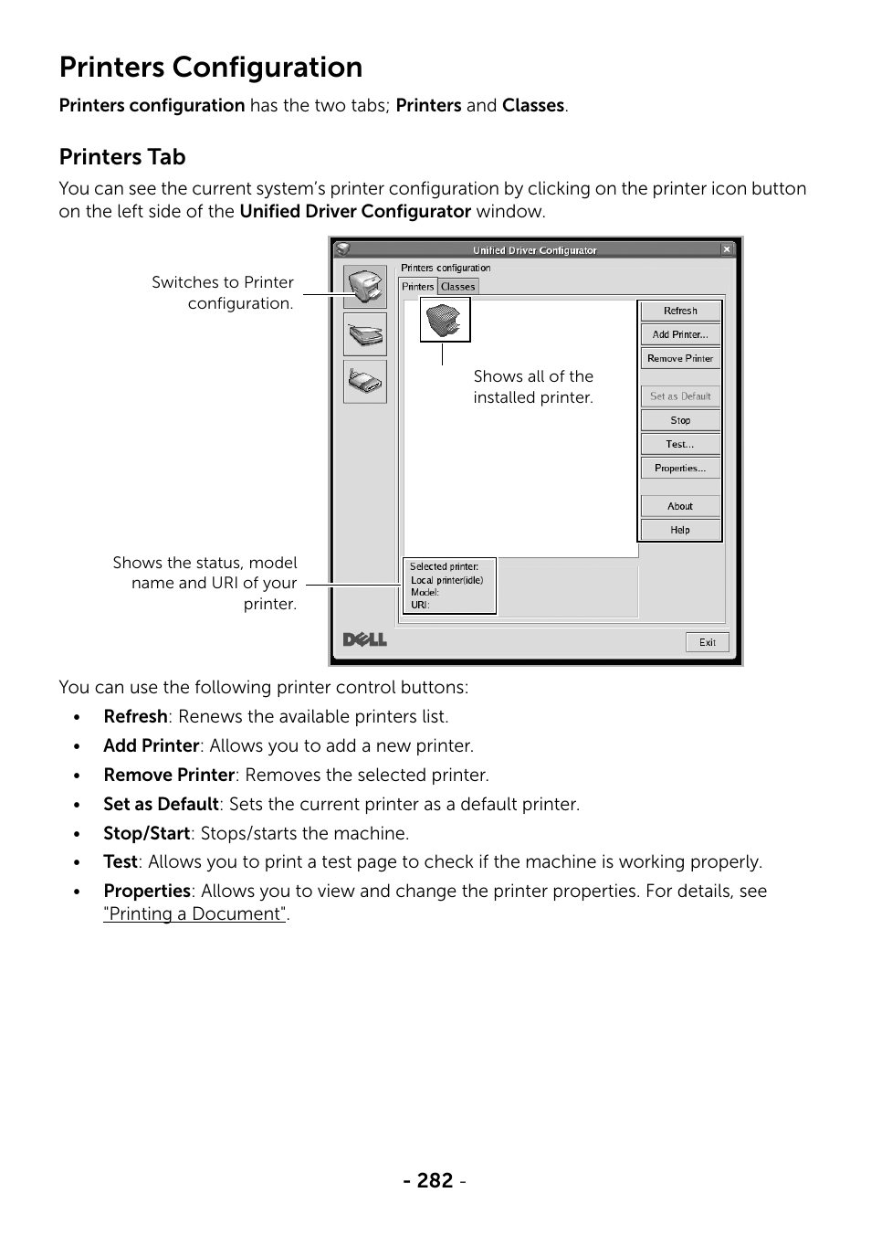 Printers configuration, Printers tab | Dell B2375dfw Mono Multifunction Printer User Manual | Page 283 / 359