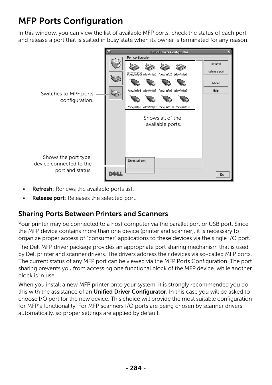 Mfp ports configuration, Sharing ports between printers and scanners | Dell B2375dfw Mono Multifunction Printer User Manual | Page 285 / 359