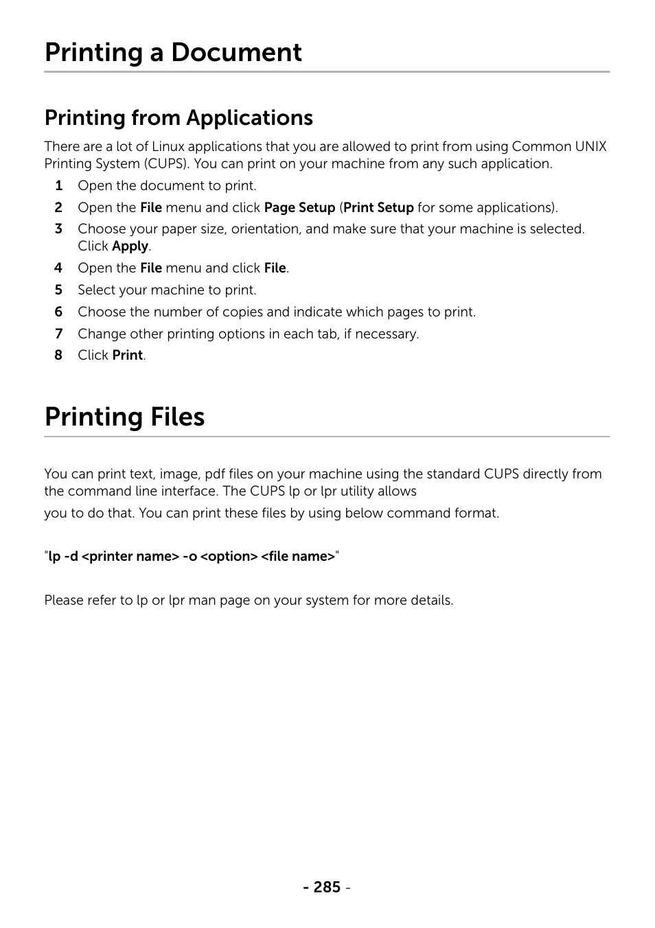 Printing a document, Printing from applications, Printing files | Dell B2375dfw Mono Multifunction Printer User Manual | Page 286 / 359