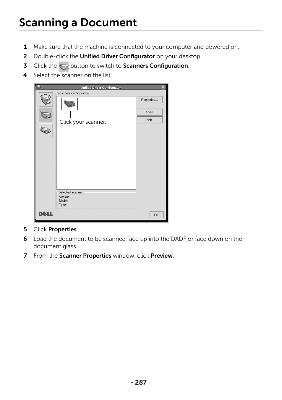 Scanning a document | Dell B2375dfw Mono Multifunction Printer User Manual | Page 288 / 359