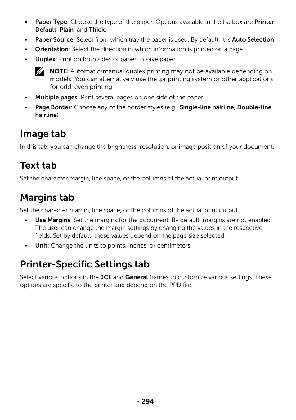 Image tab, Text tab, Margins tab | Printer-specific settings tab | Dell B2375dfw Mono Multifunction Printer User Manual | Page 295 / 359