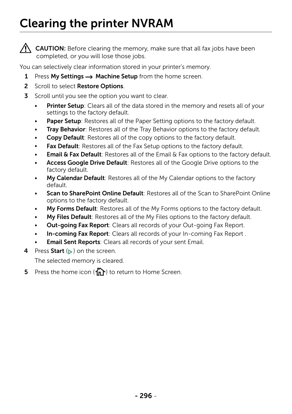 Clearing the printer nvram | Dell B2375dfw Mono Multifunction Printer User Manual | Page 297 / 359