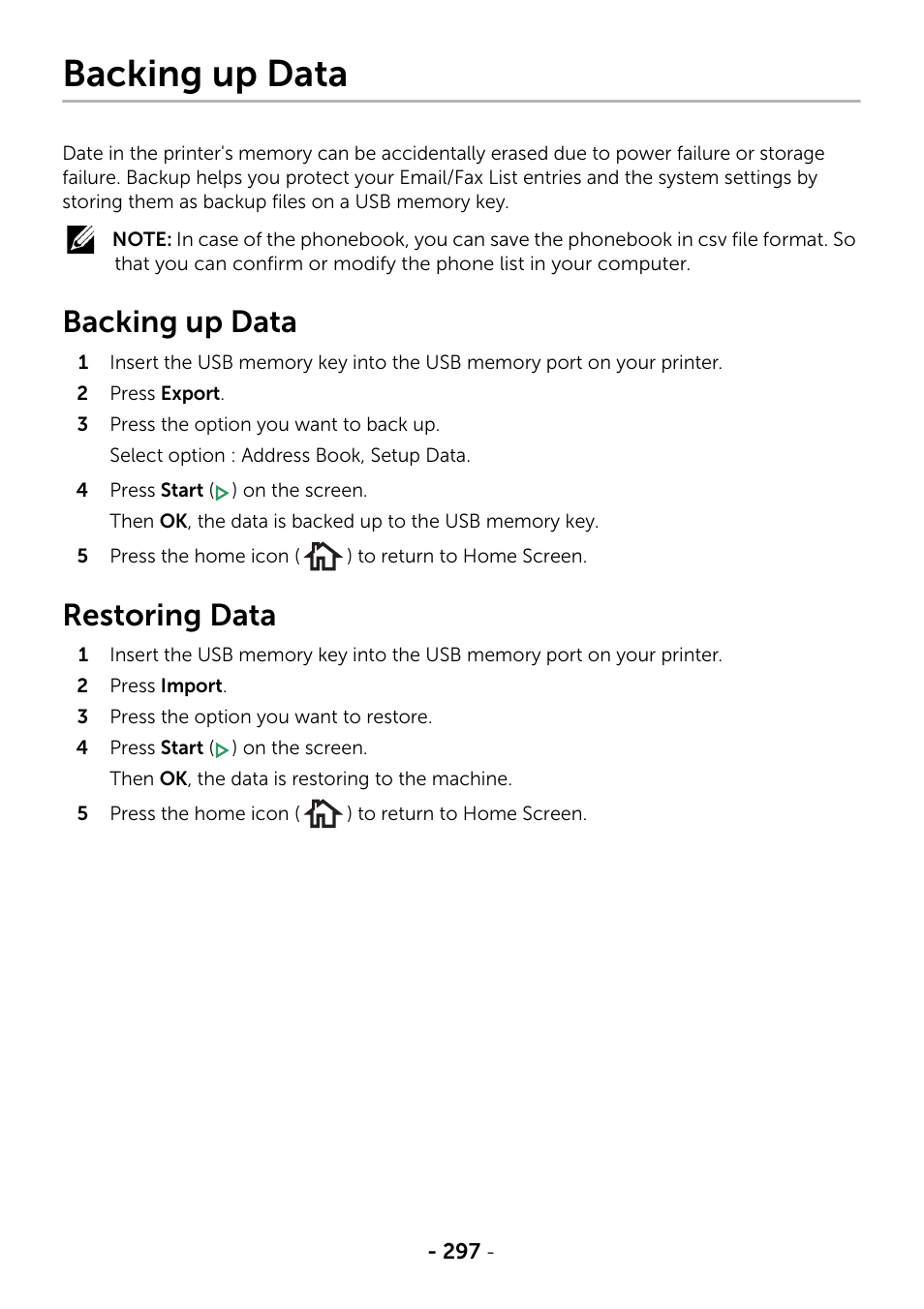 Backing up data, Restoring data | Dell B2375dfw Mono Multifunction Printer User Manual | Page 298 / 359