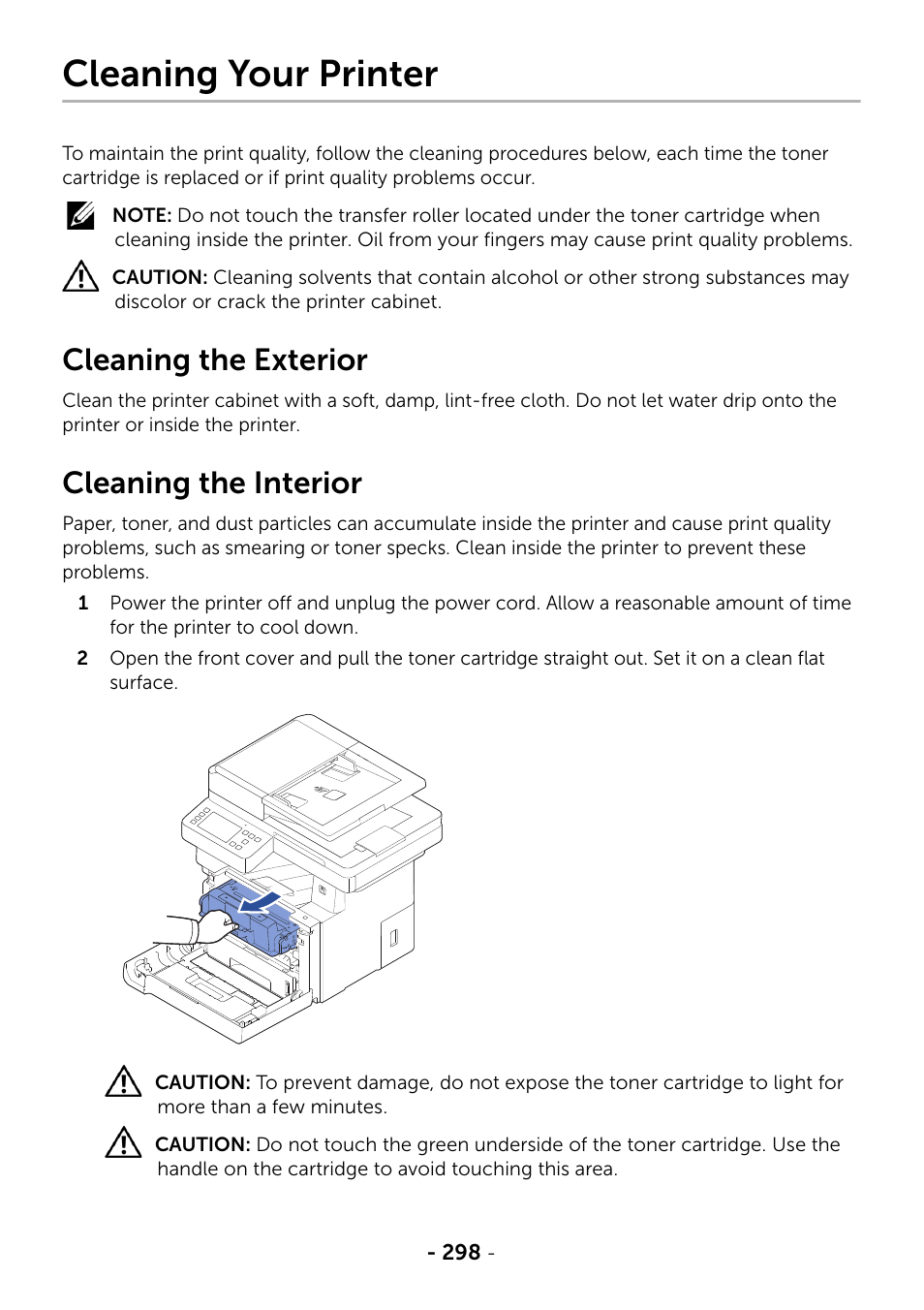 Cleaning your printer, Cleaning the exterior, Cleaning the interior | Dell B2375dfw Mono Multifunction Printer User Manual | Page 299 / 359