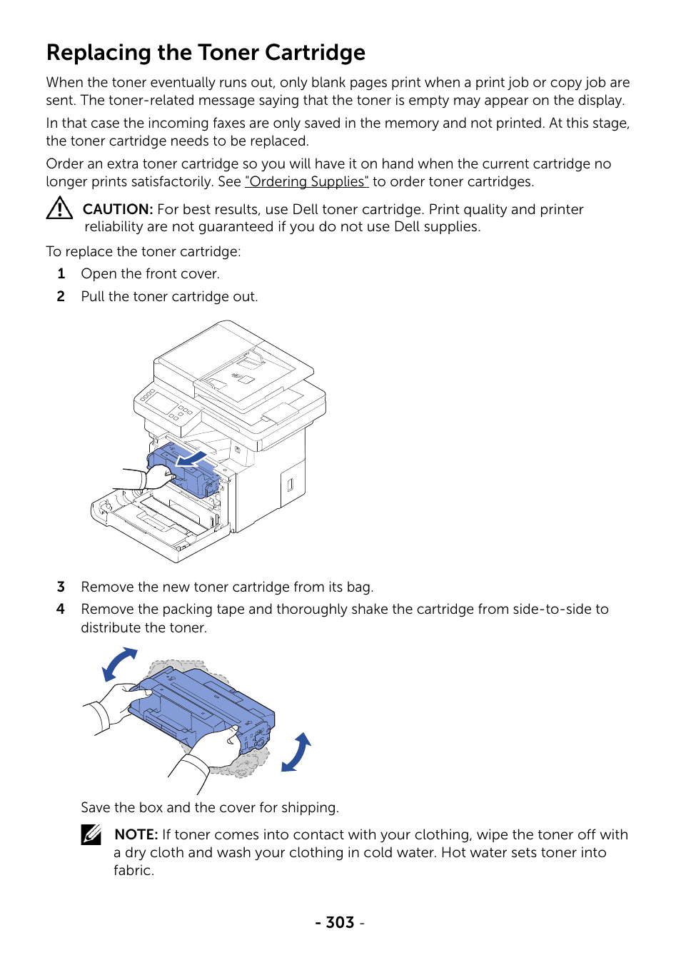 Replacing the toner cartridge | Dell B2375dfw Mono Multifunction Printer User Manual | Page 304 / 359