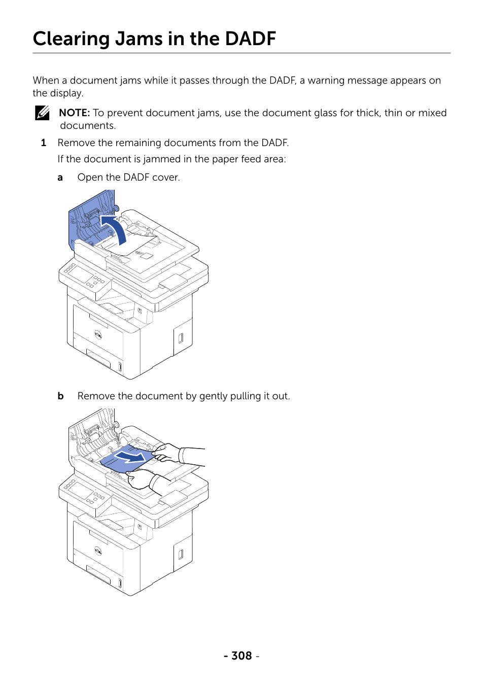 Clearing jams in the dadf | Dell B2375dfw Mono Multifunction Printer User Manual | Page 309 / 359