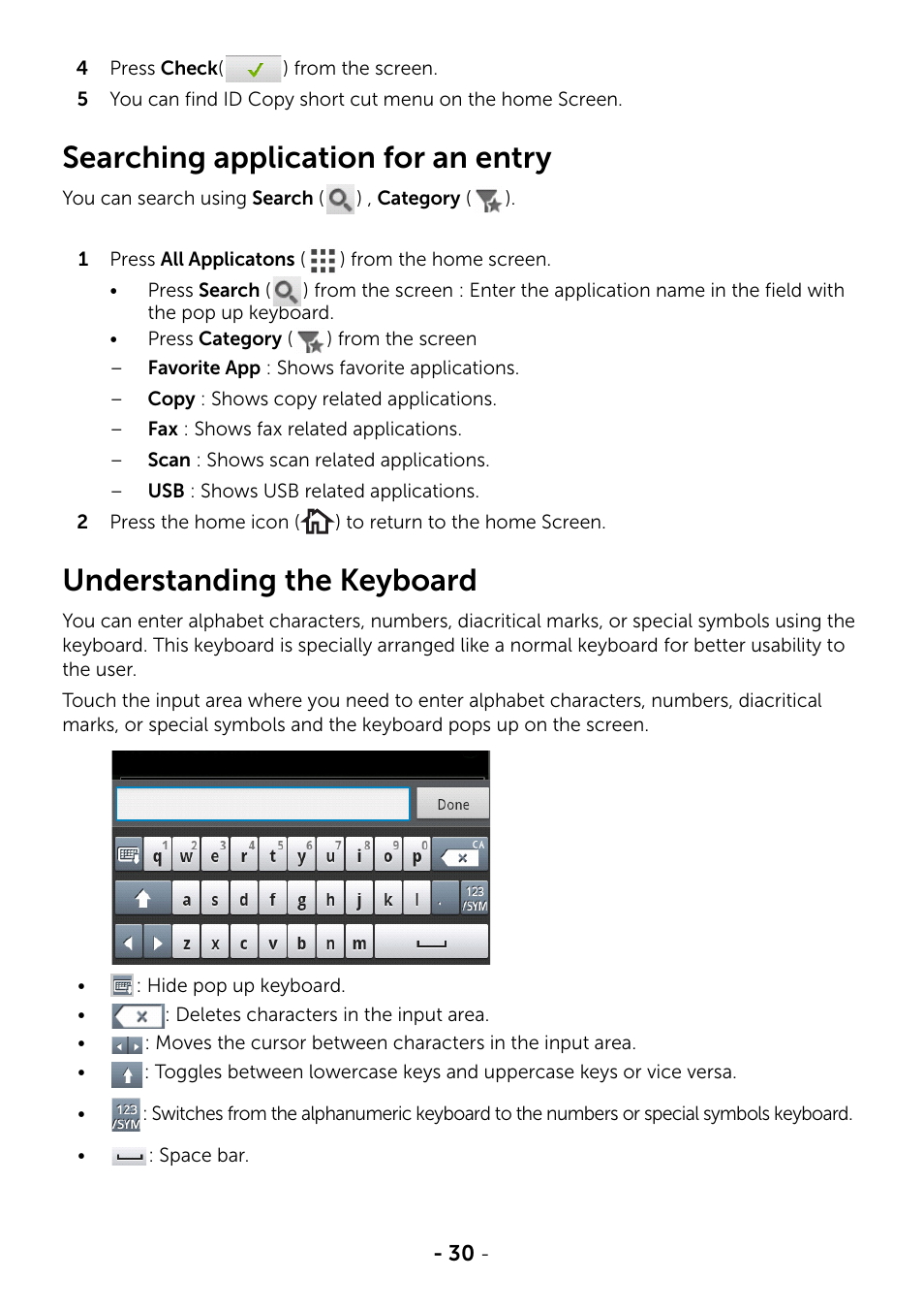 Searching application for an entry, Understanding the keyboard | Dell B2375dfw Mono Multifunction Printer User Manual | Page 31 / 359