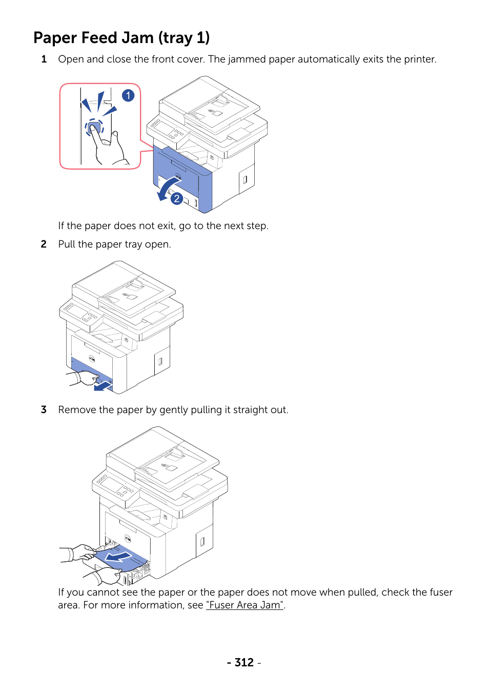 Paper feed jam (tray 1) | Dell B2375dfw Mono Multifunction Printer User Manual | Page 313 / 359